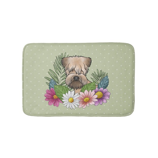 Mjukpälsad Wheaten Terrier Färgrika Blommor Grön Badrumsmatta (Framsidan)