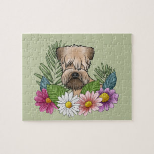 Mjukpälsad Wheaten Terrier Färgrika Blommor Grön Pussel