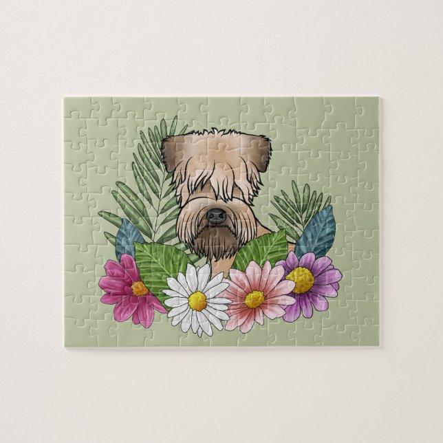 Mjukpälsad Wheaten Terrier Färgrika Blommor Grön Pussel (Horisontell)