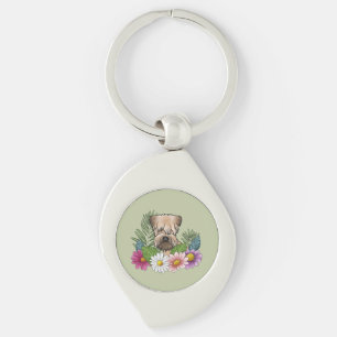 Mjukpälsad Wheaten Terrier Huvud Färgglada Blommor Swirl Silverfärgad Nyckelring