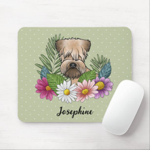 Mjukpälsad Wheaten Terrier med blommor och namn Musmatta