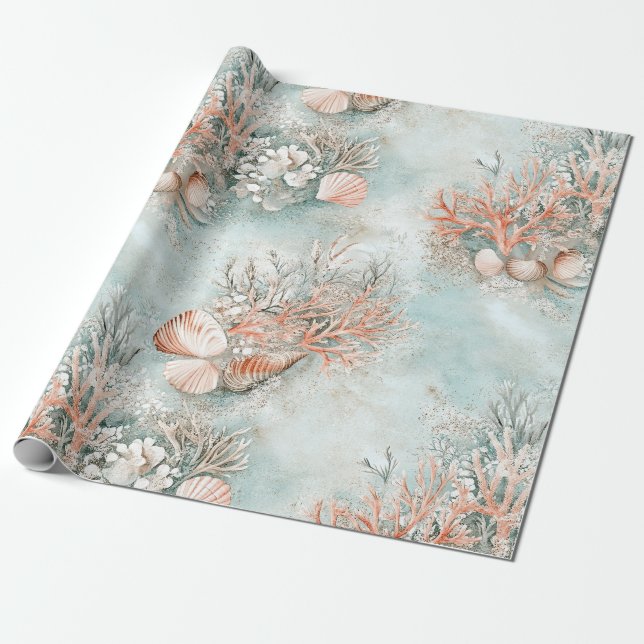 Mjukt Akva Ocean Skal Botanisk Mönster Presentpapper (Utrullad)