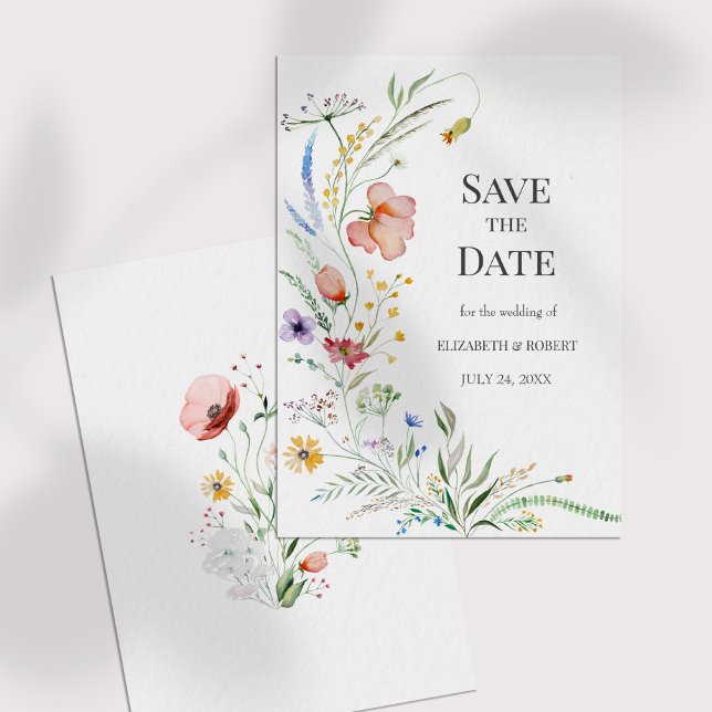 Mjukt akvarell vildblommor Spara datum-kort Inbjudningar (Boho Watercolor Wildflowers Save The Date Card on a white table)