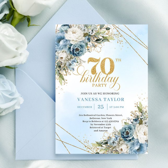 Mjukt akvarellblå blommor guld 70-årsdag  inbjudningar (Soft watercolor blue florals gold 70th birthday invite

)