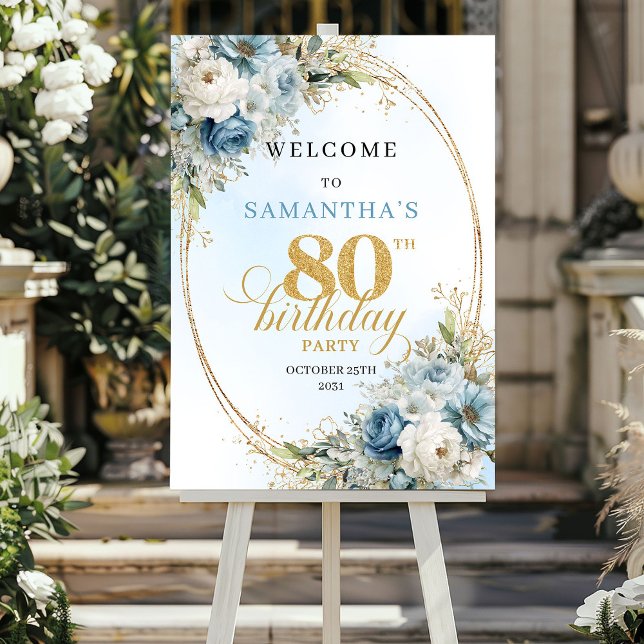 Mjukt akvarellblå blommor guldram 80-årsdag poster (Soft watercolor blue florals gold frame 80th birthday

)