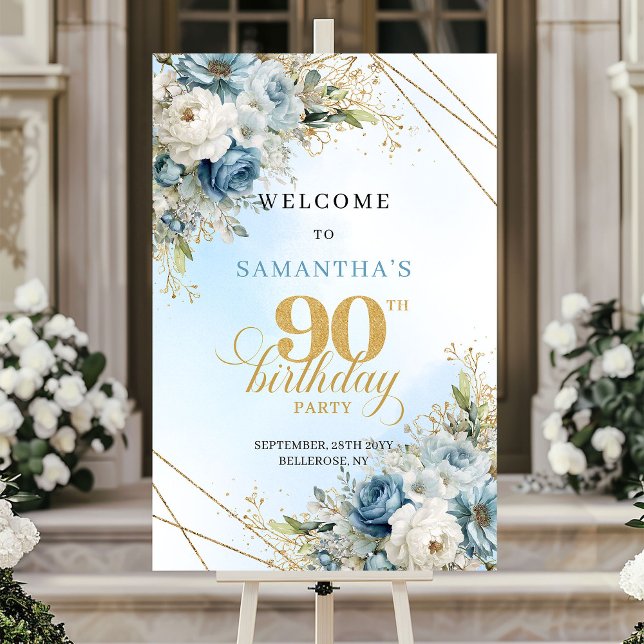 Mjukt akvarellblå blommor guldram 90-årsdag poster (Soft watercolor blue florals gold frame 90th birthday

)