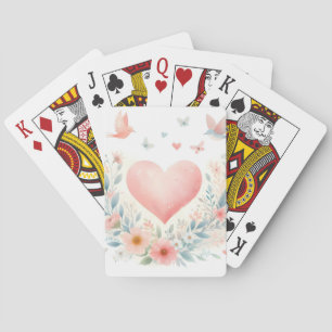Mjukt akvarellhjärta kärleksblommor fåglar casinokort