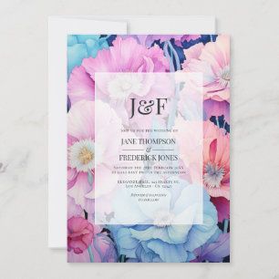 Mjukt Aqua & Ljus rosa Blommigt Bröllop Monogram Inbjudningar