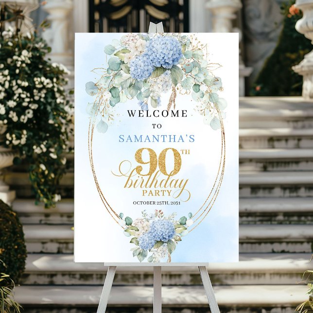 Mjukt Blå Hydrangeas Boho 90-års välkomstskylt Poster (Soft Blue Hydrangeas Boho 90th birthday welcome)