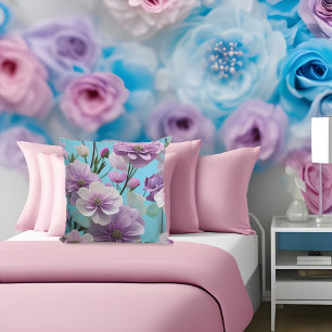 Mjukt Blå lila rosa siden stora blommor  Kudde