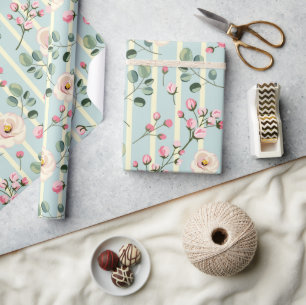 Mjukt Blå Randig Blommig Inpackning Presentpapper