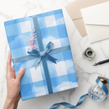 Mjukt Blått Vitt Sommar Gingham Moln Plaid Mönster