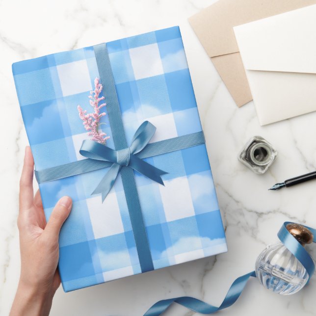 Mjukt Blått Vitt Sommar Gingham Moln Plaid Mönster Presentpapper (Gifting)