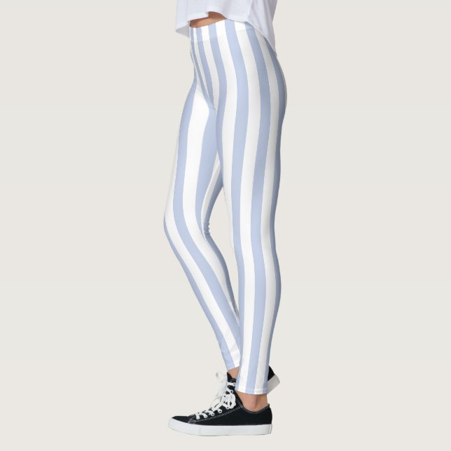 Mjukt Blått Vitt Vertikalt Randmönster Konst Leggings (Vänster)