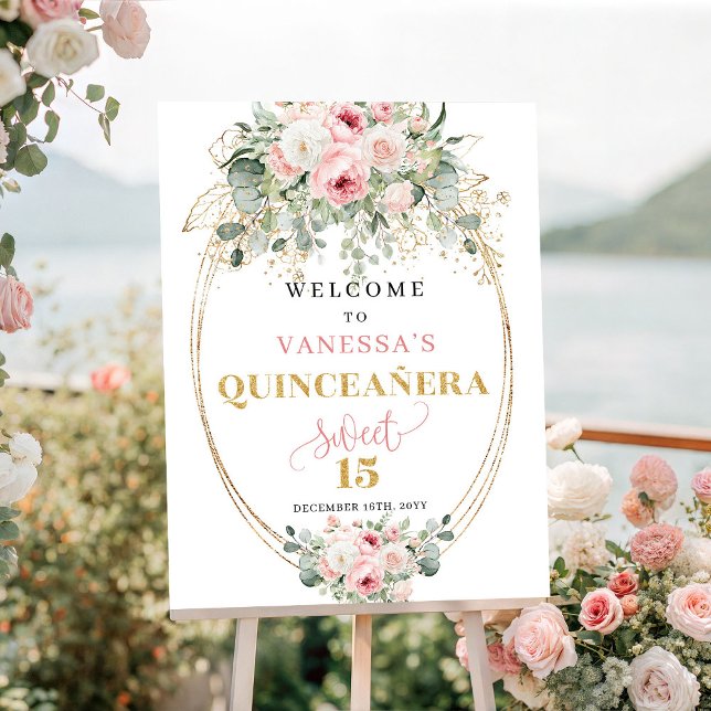 Mjukt Bleka Rosa Blommor 15-års Födelsedags Välkom Poster (Soft Pale Pink Flowers 15th Birthday Welcome Sign)