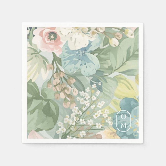 Mjukt blomstermålade monogram bröllop pappersservett (Framsidan)
