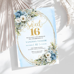 Mjukt dammigt blått blomsterguld Sweet Sixteen-inb Inbjudningar