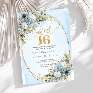 Mjukt dammigt blått blomsterguld Sweet Sixteen-inb Inbjudningar