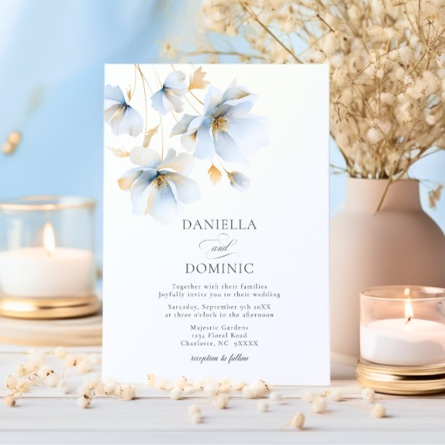 Mjukt delikat Dusty Blue Guld Wildblomma Bröllop Inbjudningar (Soft Delicate Dusty Blue Gold Wildflowers Wedding Invitation)