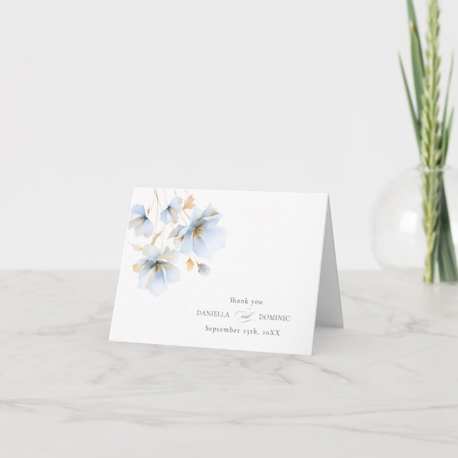 Mjukt delikat Dusty Blue Guld Wildblomma Bröllop Tack Kort (Framsida)