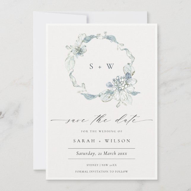 Mjukt Dusky Blue Blommigt Wand Save Date Card Tack Kort (Framsida)