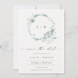 Mjukt Dusky Blue Blommigt Wand Save Date Card Tack Kort