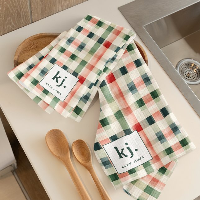 Mjukt Evergreen Gingham Monogram Kökshandduk (Skapare uppladdad)