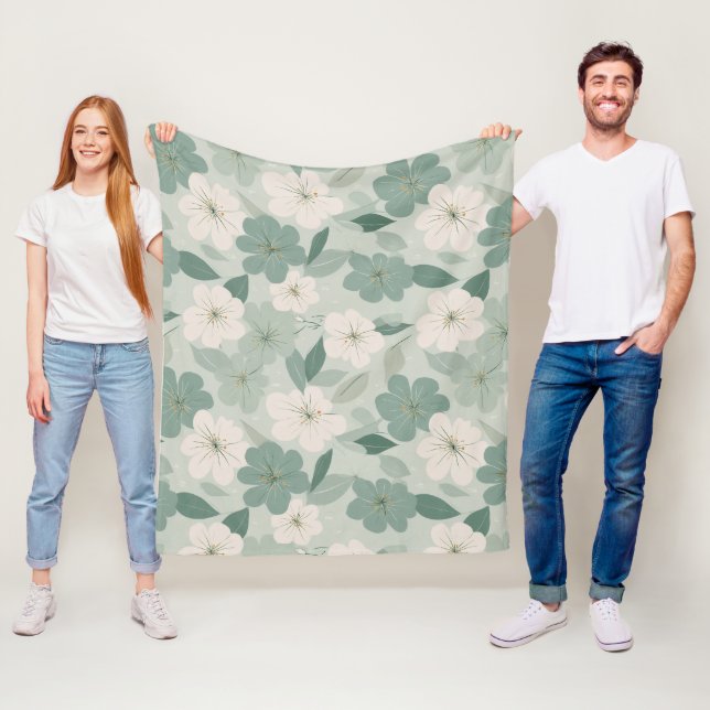 Mjukt grönt blommigt krämfärgat blommönster fleecefilt (På plats)