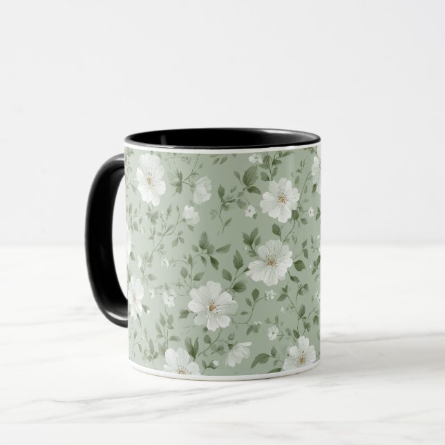 Mjukt grönt blommigt krämfärgat blommönster mugg (Framsida vänster)