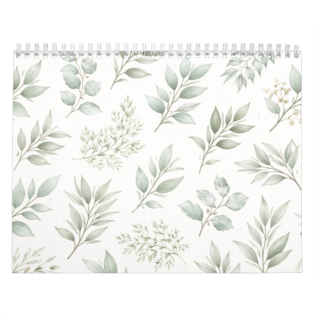Mjukt grönt botaniskt bladsmönster  kalender (Omslag)