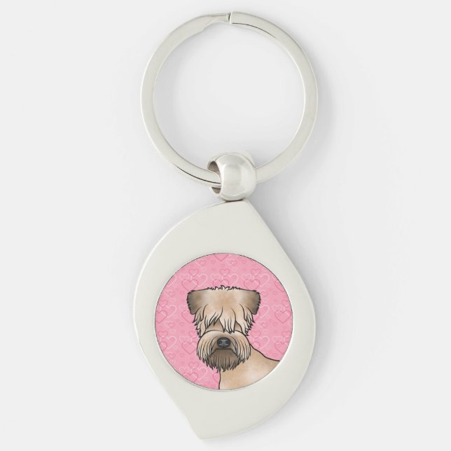Mjukt Jackat hjulförsedda terrier-huvud på Rosa Hj Swirl Silverfärgad Nyckelring (Framsidan)