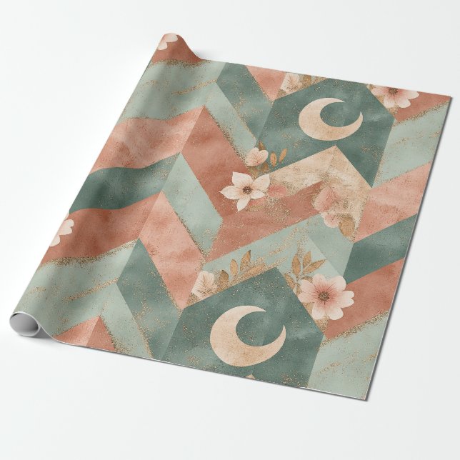 Mjukt jordtonat blomstret chevron med månar presentpapper (Utrullad)