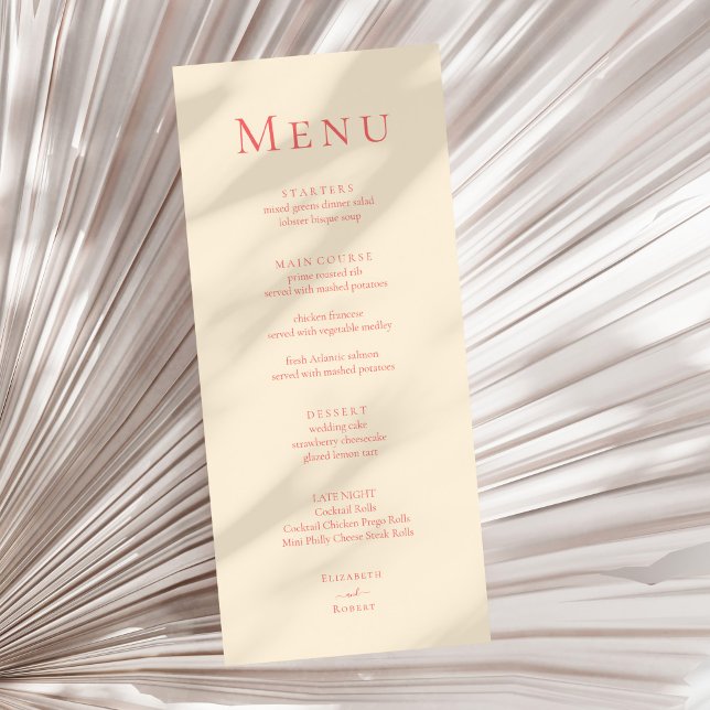 Mjukt korallmodigt, modernt, minimalistiskt Bröllo Meny (Soft Coral Modern Minimalist Wedding Menu Card on a sunny neutral dry palm leaf.)