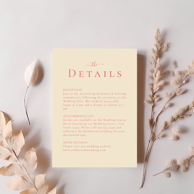 Mjukt korallyst, modernt, minimalistiskt Bröllop-i Inbjudningar (Soft Coral Modern Minimalist Wedding Details Card on a table with blush pink dry flowers.)