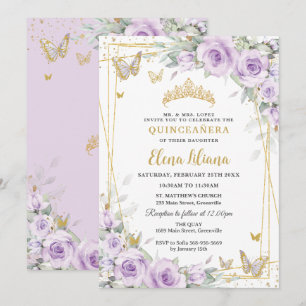 Mjukt Lila Syren Rosor Blommig Guld Quinceañera XV Inbjudningar