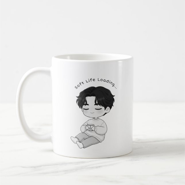Mjukt Liv Laddar Mysig Chibi Pojke Te Kaffemugg (Vänster)