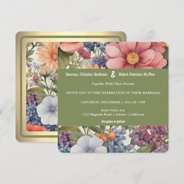 Mjukt målad blomsterbröllopsinbjudan inbjudningar (Fram/baksida)