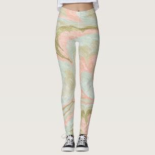 Mjukt marmorvirvelmönster Mint, korall och oliv Leggings