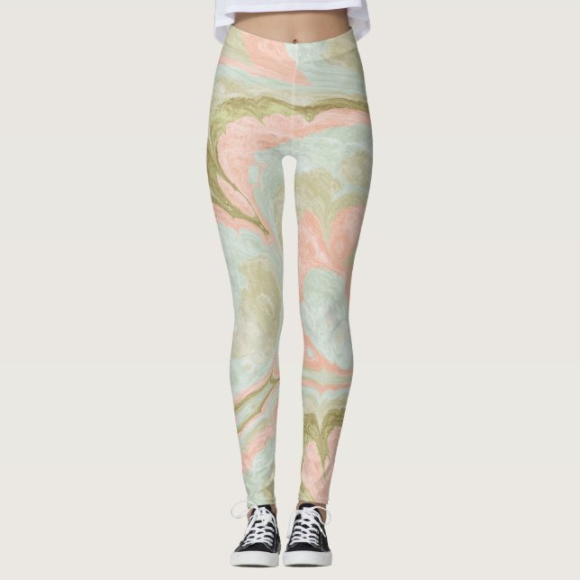 Mjukt marmorvirvelmönster Mint, korall och oliv Leggings (Framsida)