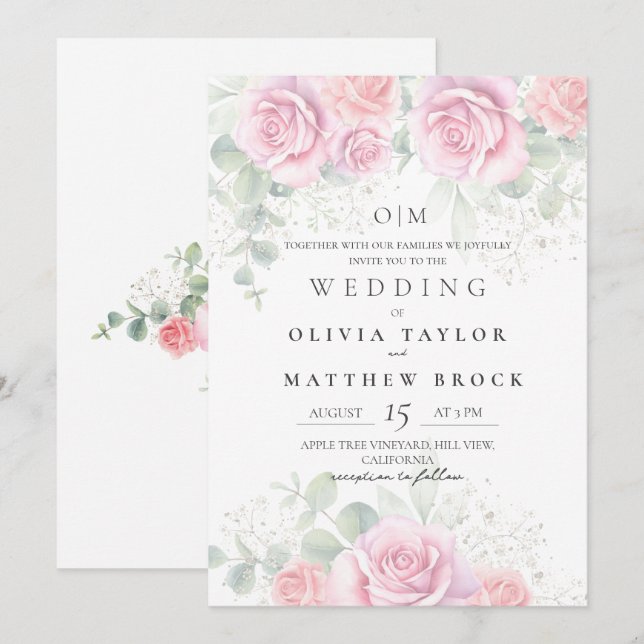 Mjukt och elegant rosa rosor bröllop inbjudningar (Fram/baksida)