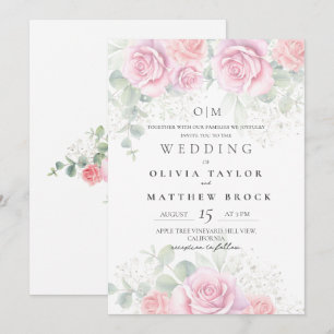 Mjukt och elegant rosa rosor bröllop inbjudningar