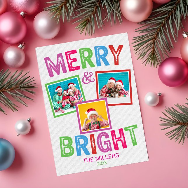 Mjukt och färgstarkt fotopatjulkort inbjudningar (Merry and Bright Modern Colorful Photo Collage Christmas Card)