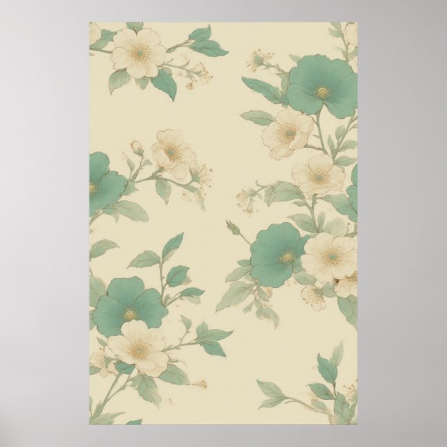 Mjukt pastel Teal and Cream-Blommönster Poster (Framsidan)