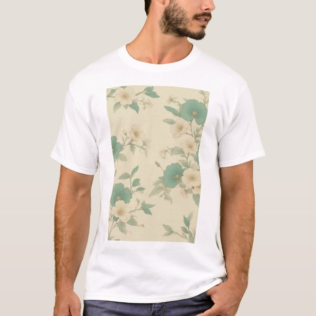 Mjukt pastel Teal and Cream-Blommönster T Shirt (Framsida)