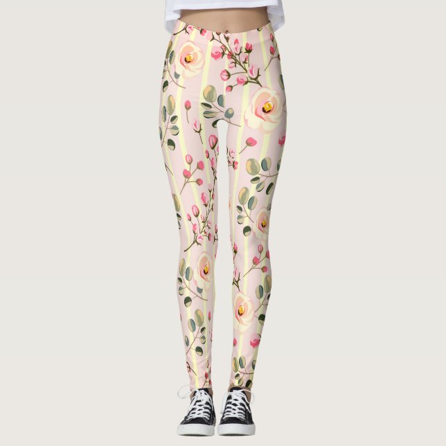 Mjukt Rosa Blommigt Randmönster Leggings (Framsida)