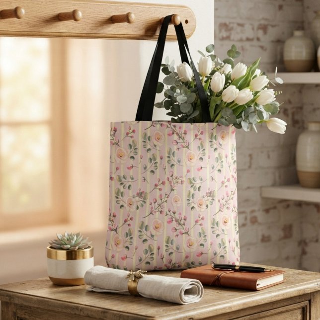 Mjukt Rosa Blommigt Randmönster Tygkasse (Skapare uppladdad)