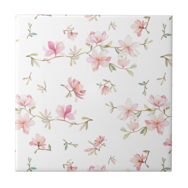 Mjukt rosa vattenfärgblommamönster kakelplatta (Framsidan)