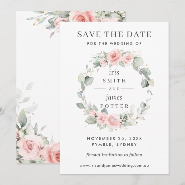 Mjukt rosablommig bröllopskort för Save the Date Inbjudningar (Fram/baksida)