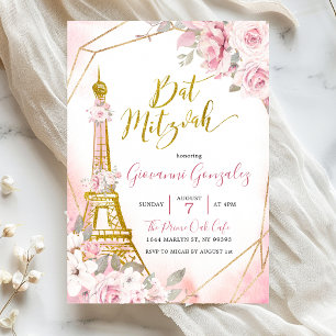 Mjukt rosablommig Paris Bat Mitzvah-inbjudan Inbjudningar