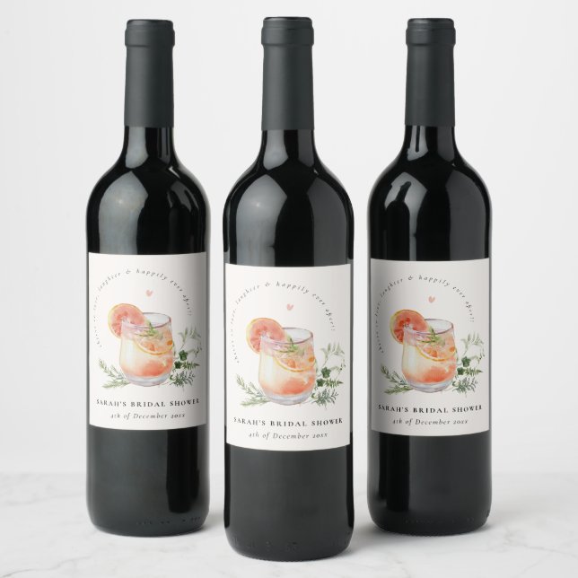 Mjukt rosablommst rosa orange cocktail bröllopsdus vinflaska etikett (Flaskor)